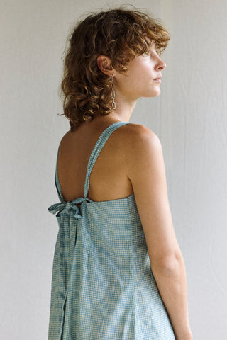 The Pina Dress - silk/linen khadi in blue grid.