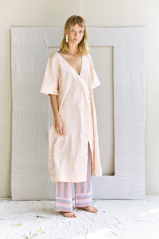 The Robe Dress - white with orange grid in hand-woven khadi.