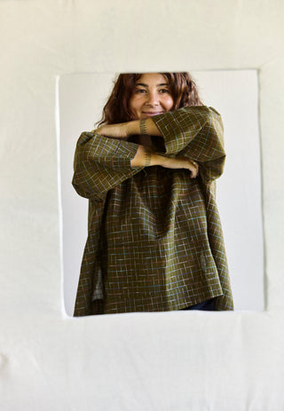 The Painters Blouse - hand-woven khaki in dark olive with a rainbow grid..